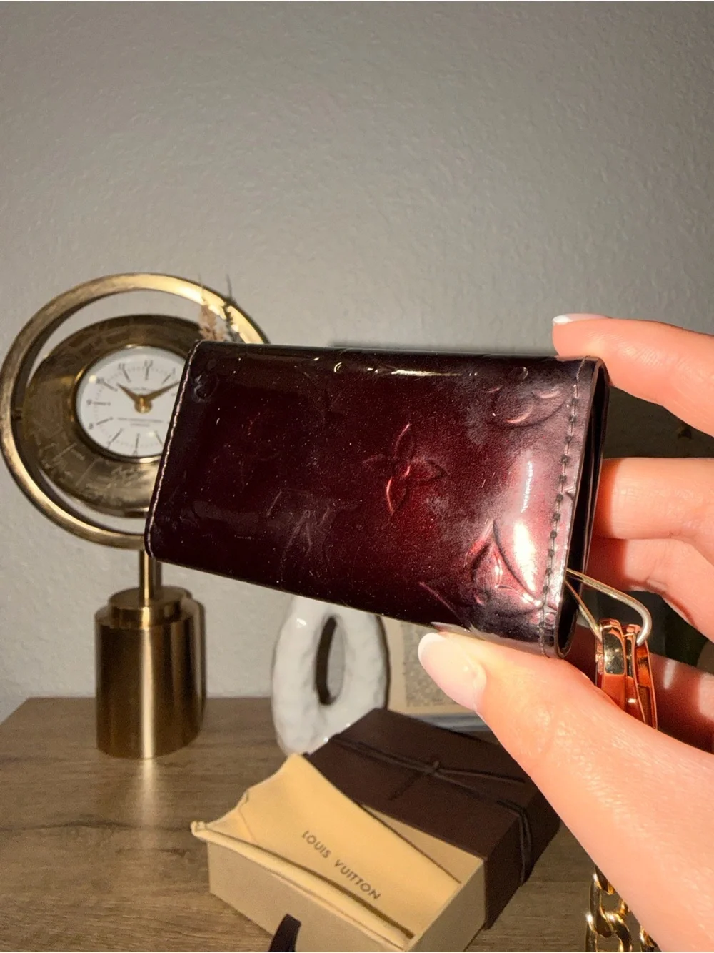 Louis Vuitton Burgundy Vernis Monogram Key Pouch with Gold Chain